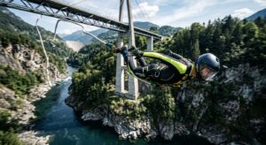 A high-tech, cinematic shot of a bungee jumper captured from a drone’s perspective in mid-air, empha