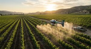 A sleek agricultural drone spraying a vast, lush vineyard at golden hour, aerial perspective, hyper-