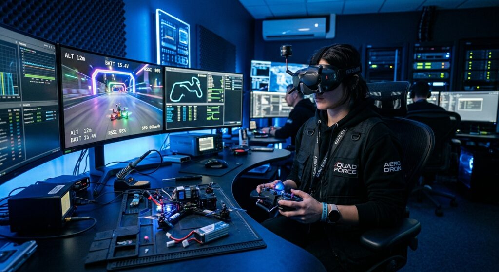 A technician in a modern control room operating a high-end racing drone using FPV goggles, blue ambi