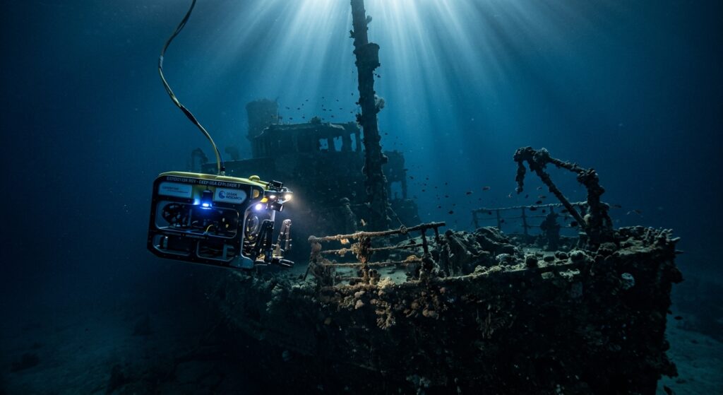 A high-tech underwater ROV drone exploring a sunken ship wreck, ethereal light rays in deep blue wat