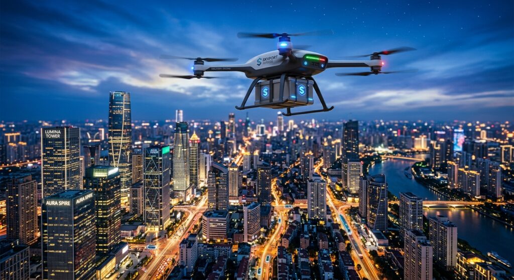 A futuristic delivery drone hovering above a modern smart-city skyline at blue hour, depth of field,
