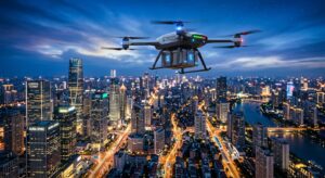 A futuristic delivery drone hovering above a modern smart-city skyline at blue hour, depth of field,
