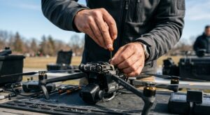 A professional editorial close-up of a drone pilot's hands carefully calibrating a high-end quadcopt