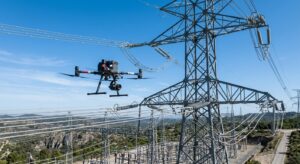 A professional, high-angle cinematic shot of an industrial drone inspecting complex high-voltage pow
