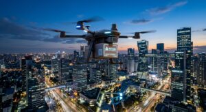 A futuristic delivery drone hovering above a modern smart-city skyline at blue hour, depth of field,