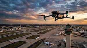 A professional, high-angle editorial shot of a modern, sleek drone hovering in the sky near the dist
