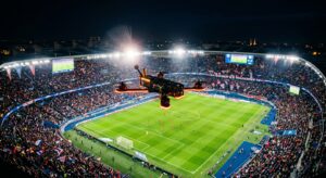 A professional cinematic shot of a sleek racing drone hovering above a packed football stadium durin