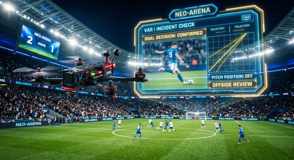 A high-end editorial composition featuring a sleek, professional racing drone hovering above a footb