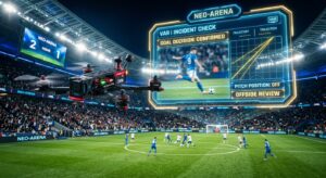 A high-end editorial composition featuring a sleek, professional racing drone hovering above a footb