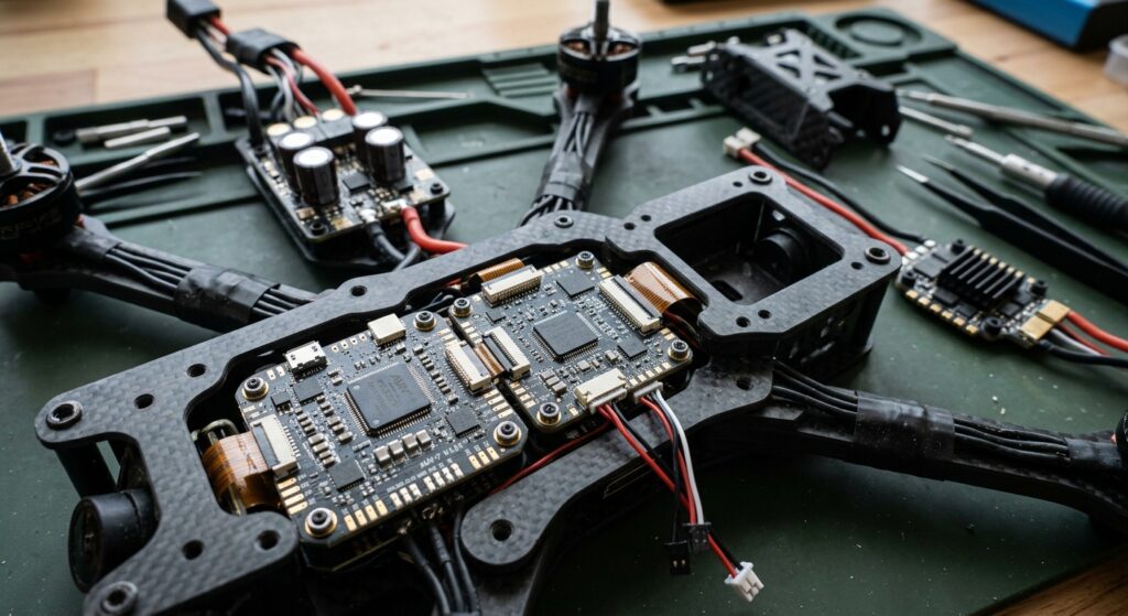 Close-up macro shot of a disassembled professional cinematography drone revealing intricate internal