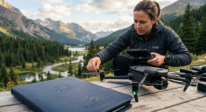 A professional, editorial-style close-up of a modern drone being prepared for flight in a scenic out