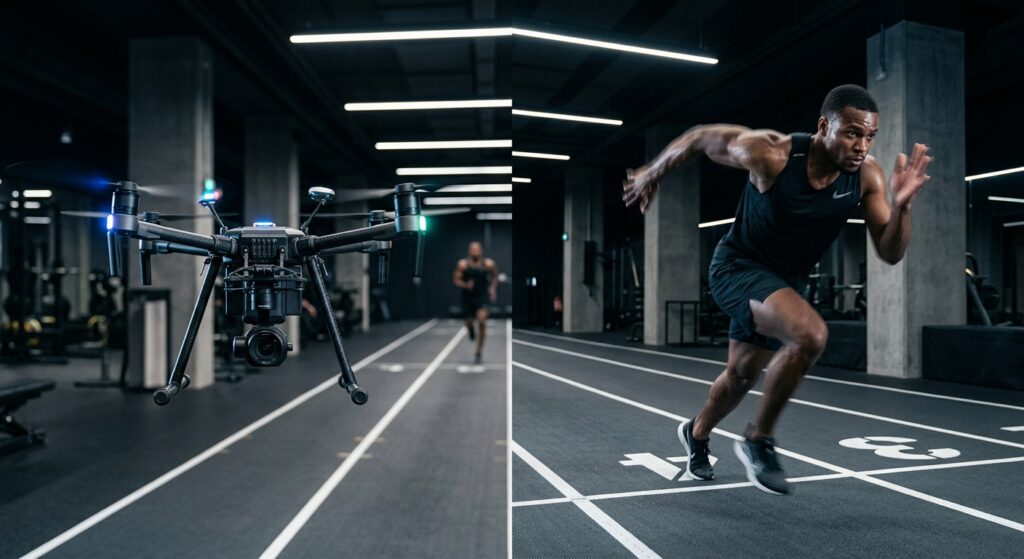 A high-end, professional split-composition photograph featuring a precision drone hovering alongside