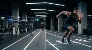 A high-end, professional split-composition photograph featuring a precision drone hovering alongside