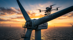 A professional industrial drone inspecting a complex wind turbine at sunrise, cinematic lighting, sh
