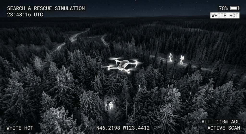 A thermal imaging drone flying over a dense forest canopy during a search and rescue simulation, hig