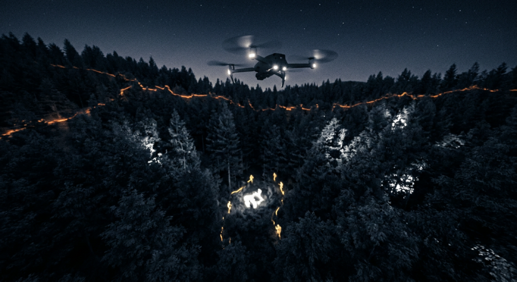 A thermal imaging drone flying over a dense forest canopy during a search and rescue simulation, hig