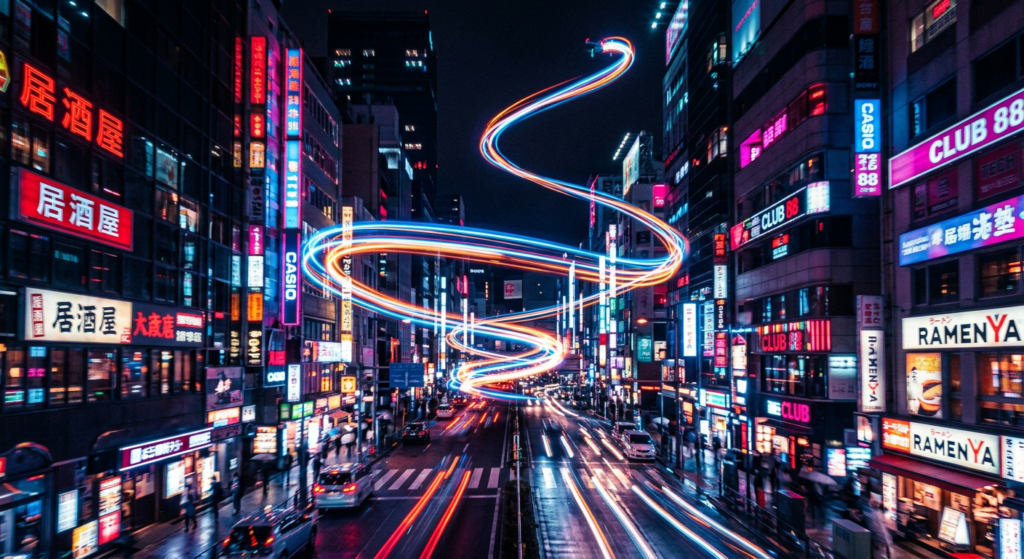 An artistically blurred long-exposure shot of light trails from a drone flying through a neon-lit ur