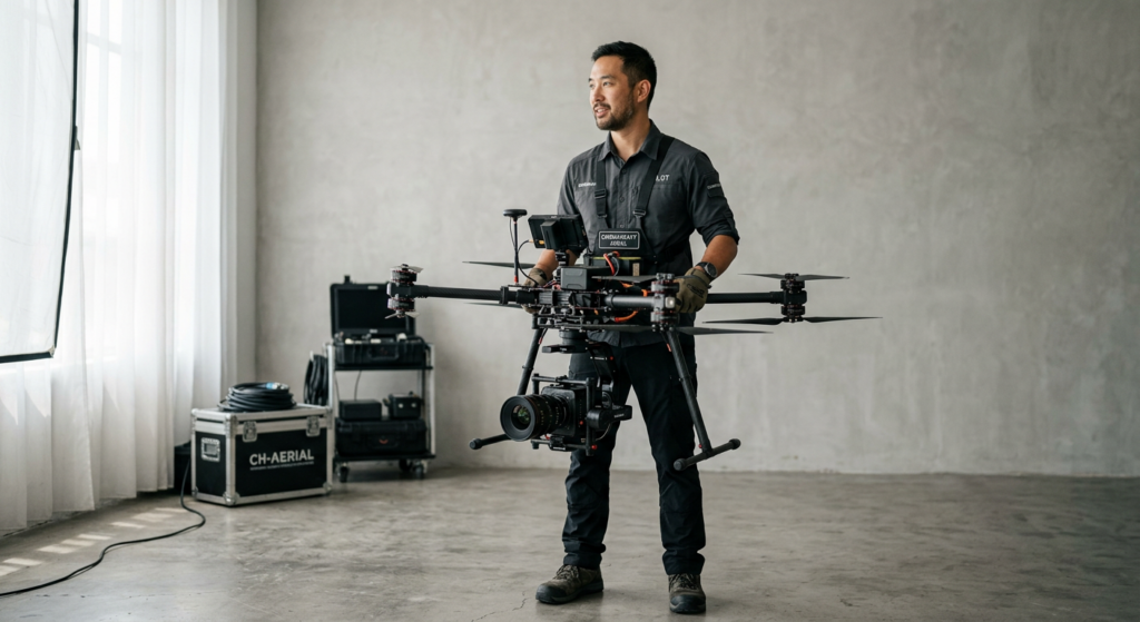 Professional pilot holding a heavy-lift cinema drone in a minimalist studio setting, soft neutral li