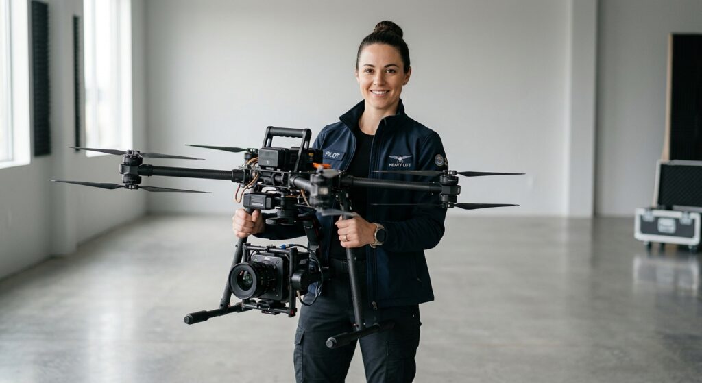 Professional pilot holding a heavy-lift cinema drone in a minimalist studio setting, soft neutral li