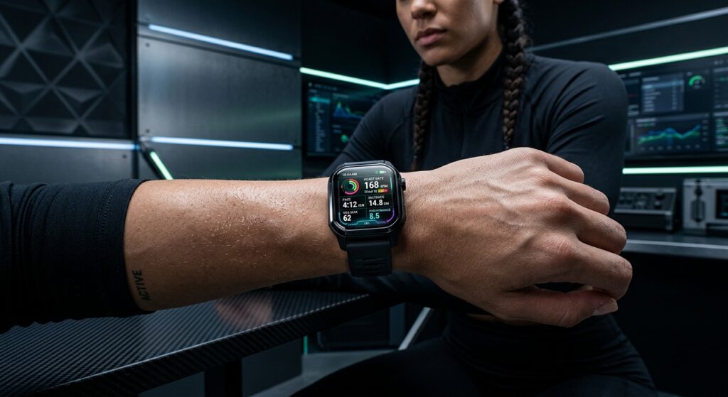 A professional, high-end editorial shot of a sleek modern sports watch on an athlete's wrist, featur