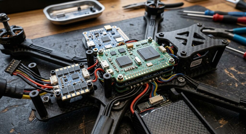 Close-up macro shot of a disassembled professional cinematography drone revealing intricate internal