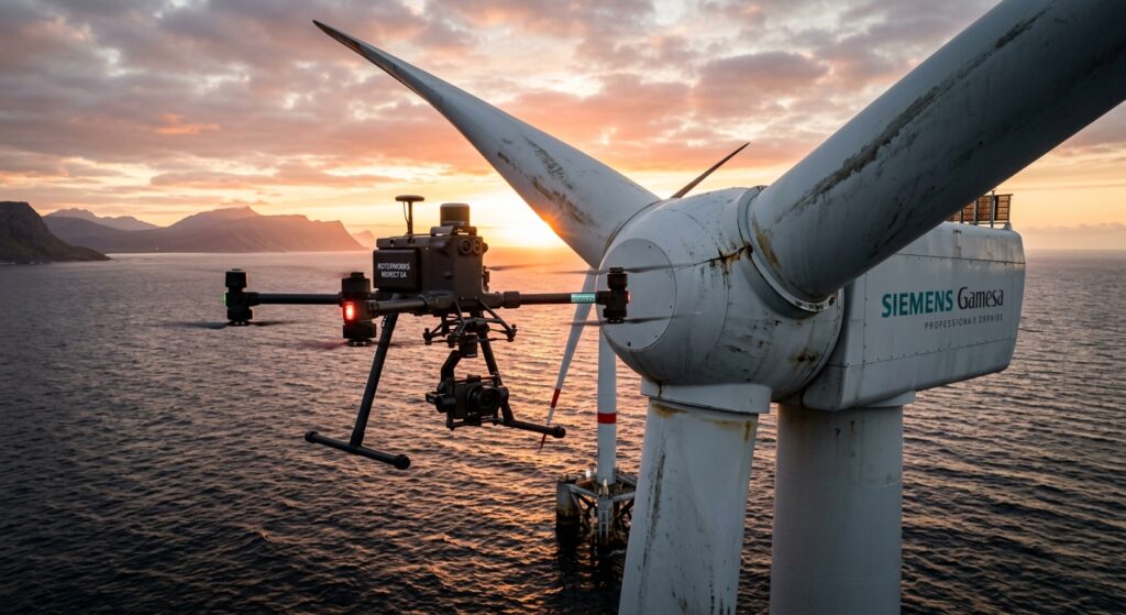 A professional industrial drone inspecting a complex wind turbine at sunrise, cinematic lighting, sh