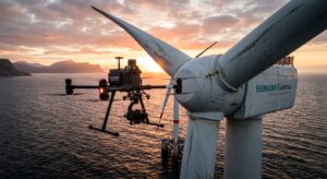 A professional industrial drone inspecting a complex wind turbine at sunrise, cinematic lighting, sh
