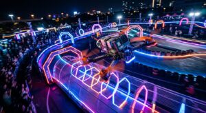 A high-angle cinematic shot of a professional FPV racing drone mid-flight through a neon-lit outdoor