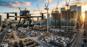 A professional aerial view of a construction site with a high-end enterprise drone hovering in the f
