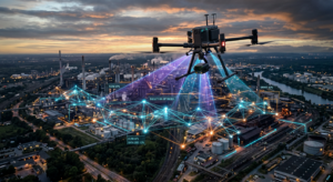 A professional, high-angle aerial photograph of a high-tech drone flying over a vast, industrial com