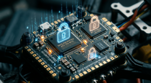 A professional, cinematic close-up of a high-tech drone circuit board integrated with glowing digita