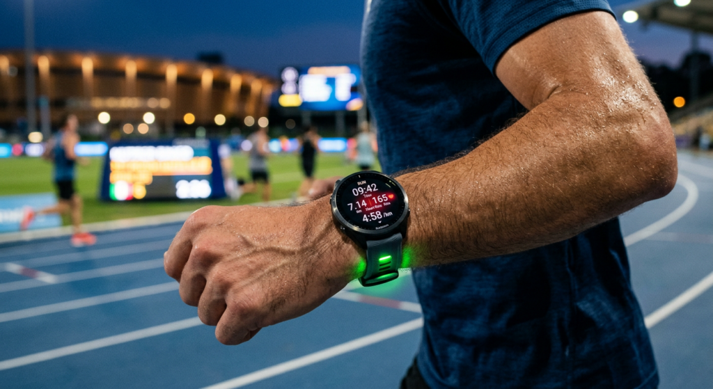 A professional, close-up shot of a runner’s wrist wearing a modern sports smartwatch with a glowing