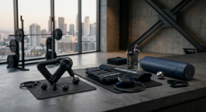 A professional, high-end editorial shot of advanced athletic recovery gear, such as massage guns and