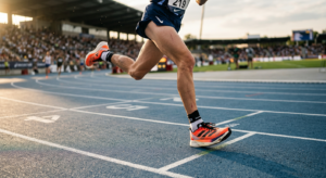 A professional, high-angle editorial photograph of a long-distance runner's feet in high-tech carbon
