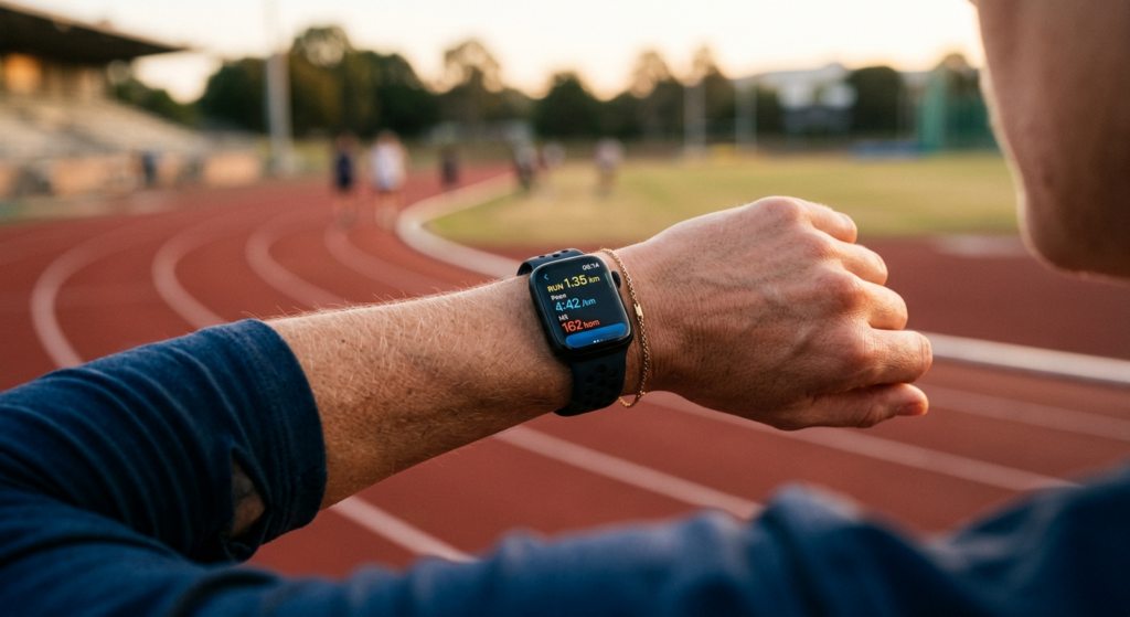 A high-end editorial close-up of a runner's wrist wearing a sleek, modern smartwatch, with a blurred