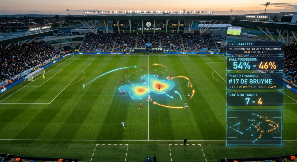 A professional, high-angle cinematic shot of a soccer field filmed from a high-tech drone, featuring