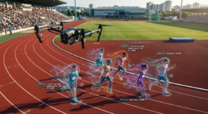 A professional, high-angle aerial view of a drone hovering above a dynamic running track with sophis