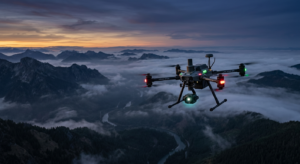A professional, cinematic shot of a high-tech drone flying over a vast, misty landscape during twili