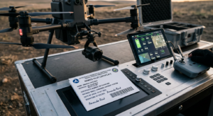 A professional, high-angle close-up of a remote pilot certificate lying on a polished drone control