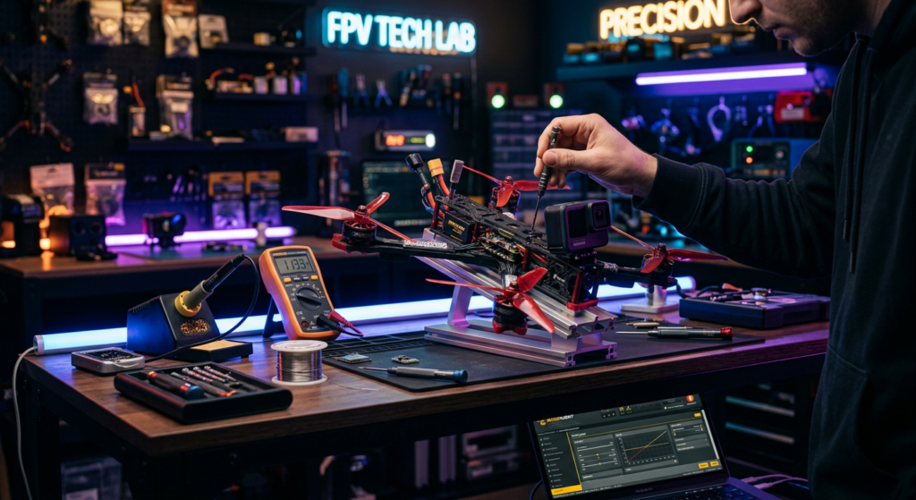 A high-end editorial close-up of a high-performance FPV racing drone being precision-tuned on a mode