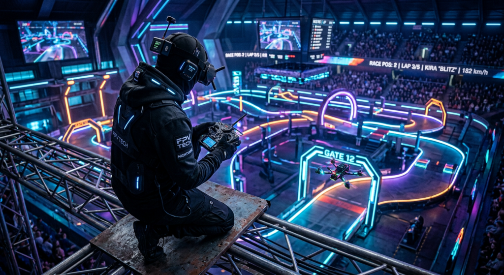 A high-angle cinematic shot of a professional drone pilot in sleek gear operating a high-end FPV rac