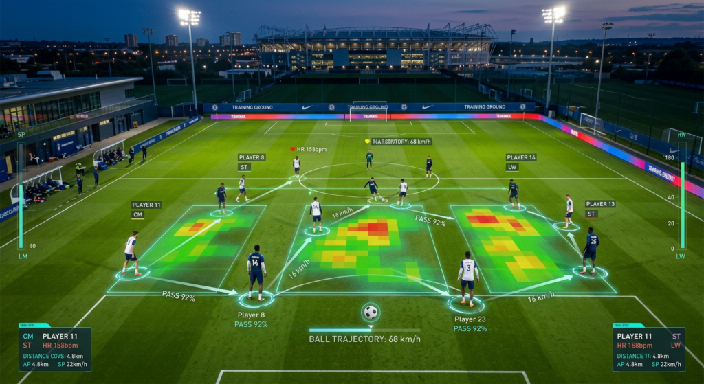 A professional cinematic shot of a professional soccer team training on a high-tech field, captured