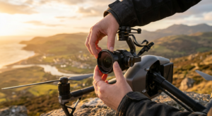 A professional, high-angle close-up of a high-end drone camera gimbal with a sleek ND filter being a