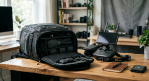 A sleek, professional drone pilot backpack laid out on a clean, modern workspace next to a high-end