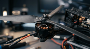 A professional, close-up macro shot of a sleek drone propeller mounted on a brushless motor, illumin