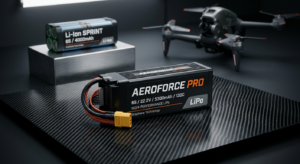 A professional, high-angle studio shot showcasing a sleek, high-performance drone battery pack resti