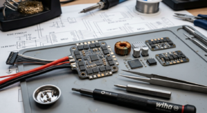 A professional close-up macro shot of a disassembled drone electronic speed controller (ESC) on a cl