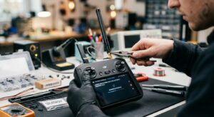 A high-end, cinematic close-up of a professional drone remote controller with its antennas being upg