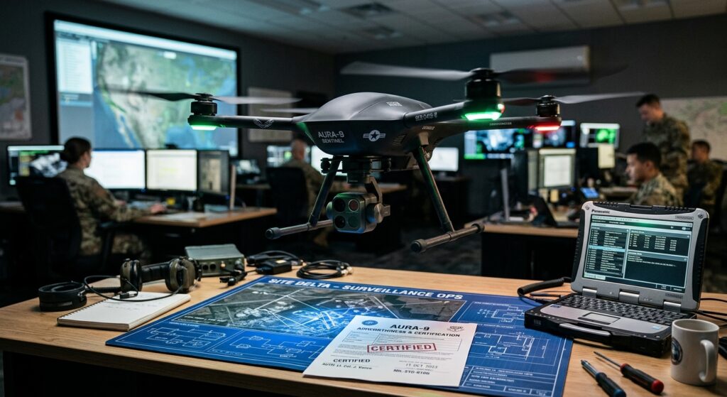 A high-quality, professional editorial shot of a sleek military-grade surveillance drone hovering ab