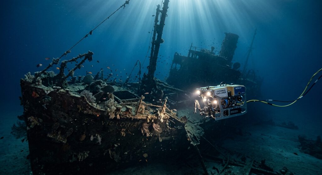 A high-tech underwater ROV drone exploring a sunken ship wreck, ethereal light rays in deep blue wat